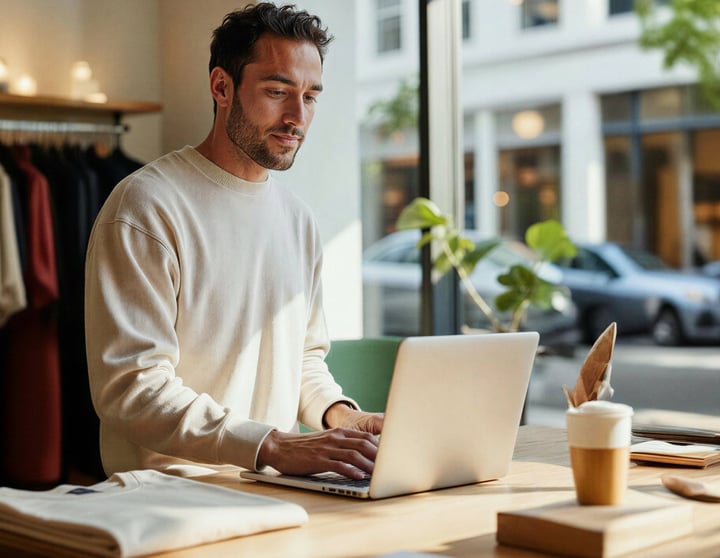 Man behind laptop next to a street
