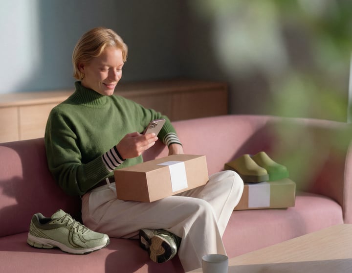 A woman is sitting on the couch and looking at her phone.