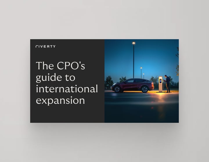 Riverty guide cover: electric car charging, international expansion title shown.