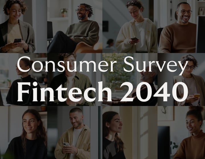 Eine Collage verschiedener Menschen, die in modernen Innenräumen lächeln und ihre Smartphones oder Laptops benutzen. In der Mitte steht in großer weißer Schrift: „Verbraucherumfrage Fintech 2040“. Das Bild vermittelt eine freundliche und vernetzte Atmosphäre und hebt digitale Interaktion sowie Innovation im Fintech-Bereich hervor.