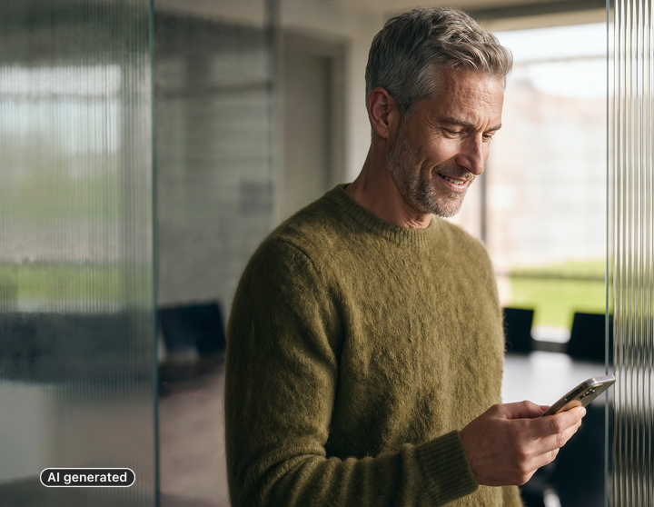 Man smiling looking at his phone