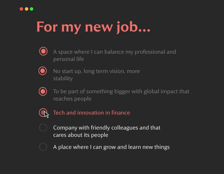 Dark-themed list titled “For my new job…” with four selected options, adding “Tech and innovation in finance” to the previously chosen ones.
