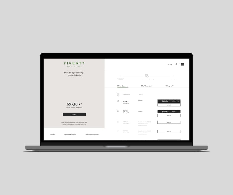 Laptop och smartphone som visar utestående betalningar, avbetalningsalternativ och ärendedetaljer.