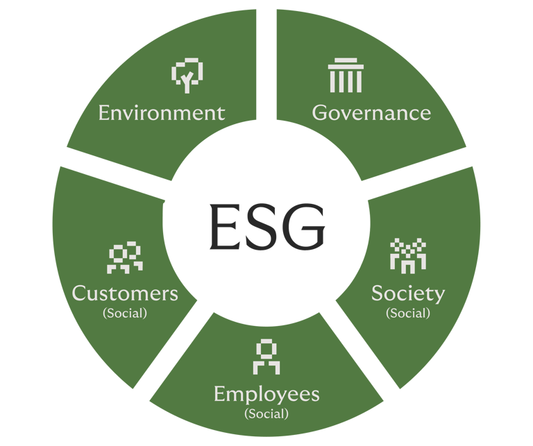 Rivertys Corporate Responsibility Strategie setzt sich aus 5 Dimensionen zusammen, welche in einem Kreisdiagramm dargestellt sind. 