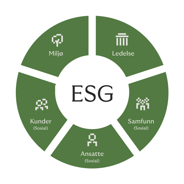 Rivertys ESG-rammeverk inkluderer fem komponenter, miljø, samfunn, ansatte, kunder og styring.