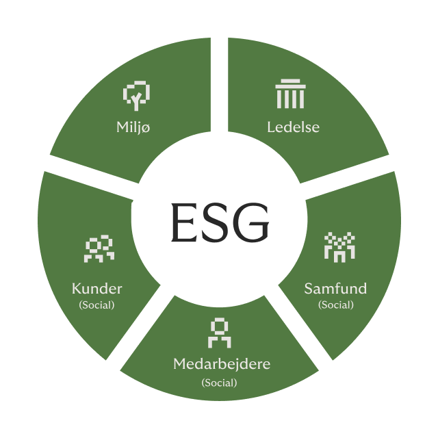 Rivertys ESG-ramme omfatter fem komponenter, miljø, samfund, medarbejdere, kunder og ledelse.