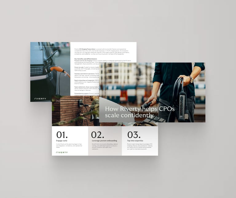 Riverty CPO guide spread showing EV charging and support steps.