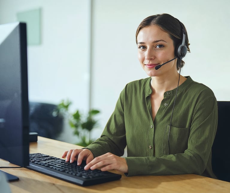 Eine Frau am Computer mit Headset.
