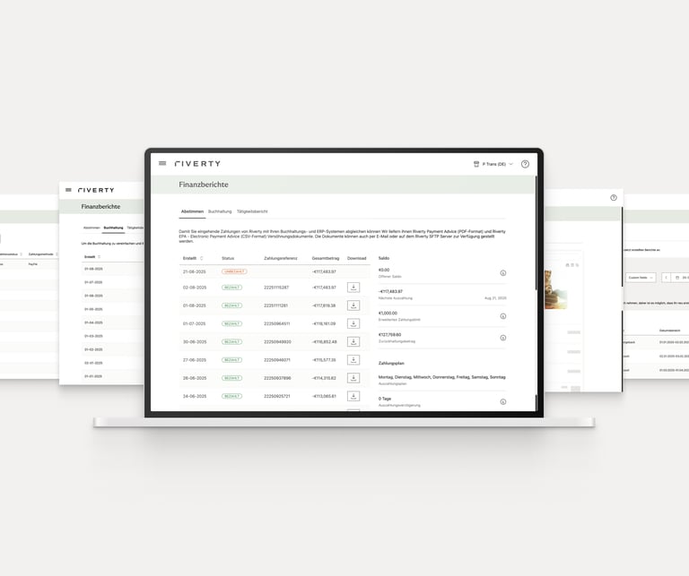 Merchant portal dashboard displaying financial transactions, balances, and downloads.