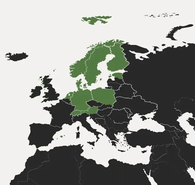Die Karte zeigt die 11 Länder in Europa, in denen Riverty mit mehr als 28 Standorten international vertreten ist: Norwegen, Schweden, Dänemark, Finnland, Estland, Deutschland, Österreich, Irland, Schweiz, Polen, Niederlande