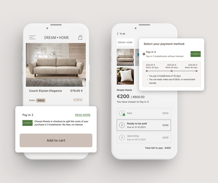 Image showing the use of Riverty Pay in 3 in your webshop - Customers can select it in the checkout and then easily have their purchose cost be split out into 3 equal payments - interest free.