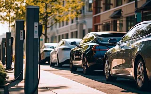 A row of electric vehicles parked at charging stations along a city street on a sunny day, with buildings and trees in the background.