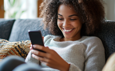Eine Frau sitzt auf der Couch, schaut auf ihr Telefon und lächelt.