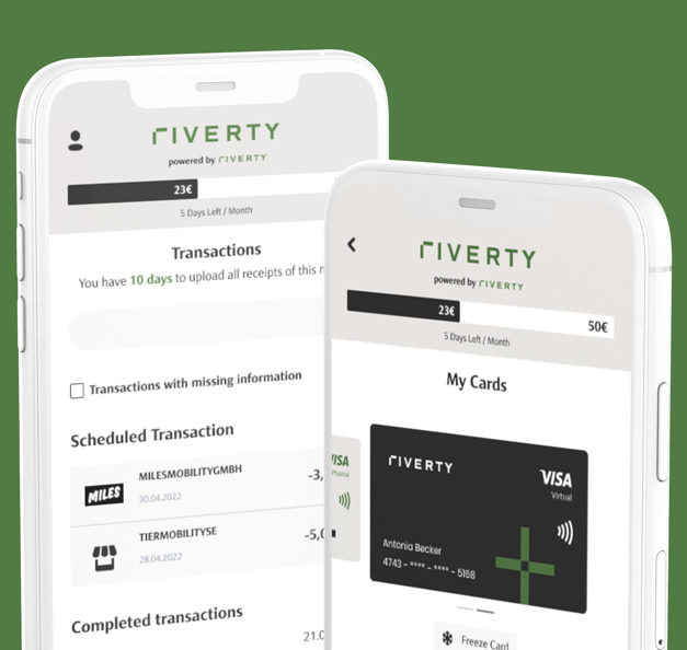 Kurzansicht der innovativen Riverty App, welche Mitarbeitenden die Übersicht über Mobility Cards und Transaktionen bietet