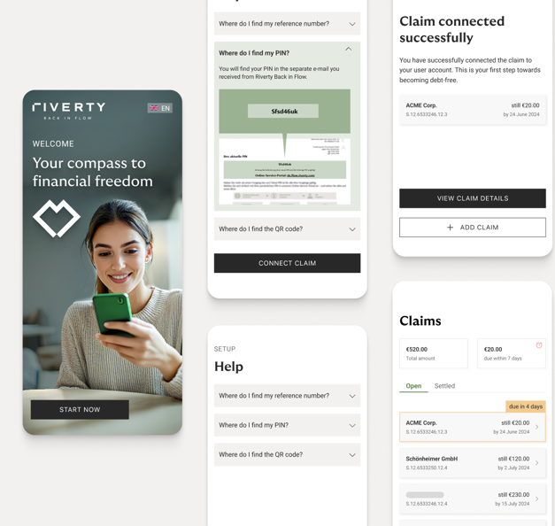 Image of the new Riverty Back in Flow App: Easily connect via your reference number, manage your open balances and pay directly or in installments.