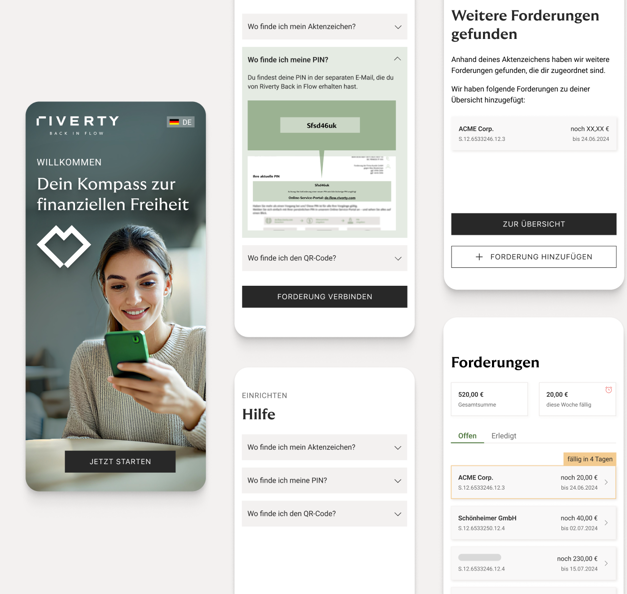 Image of the new Riverty Back in Flow App: Easily connect via your reference number, manage your open balances and pay directly or in installments.